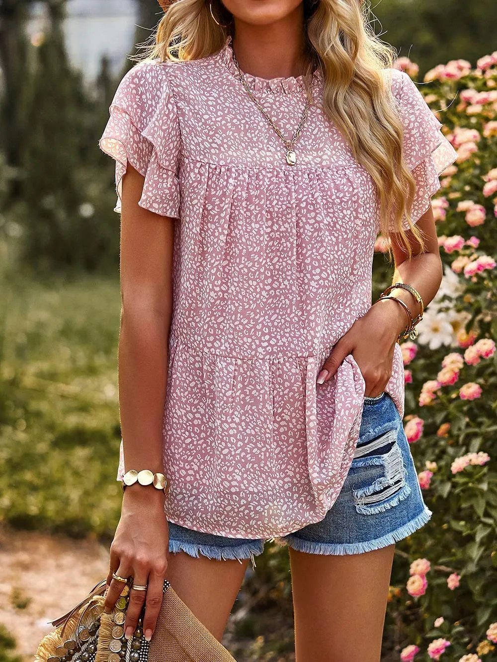 Printed Ruffle Sleeve Babydoll Blouse, image 3