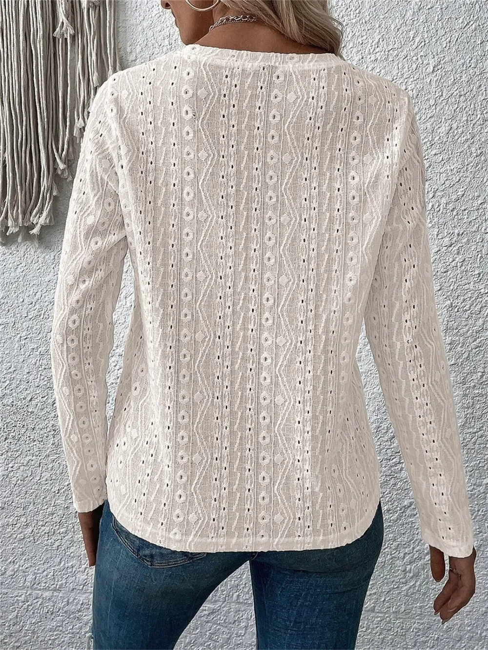 Eyelet Round Neck Long Sleeve Blouse, image 10