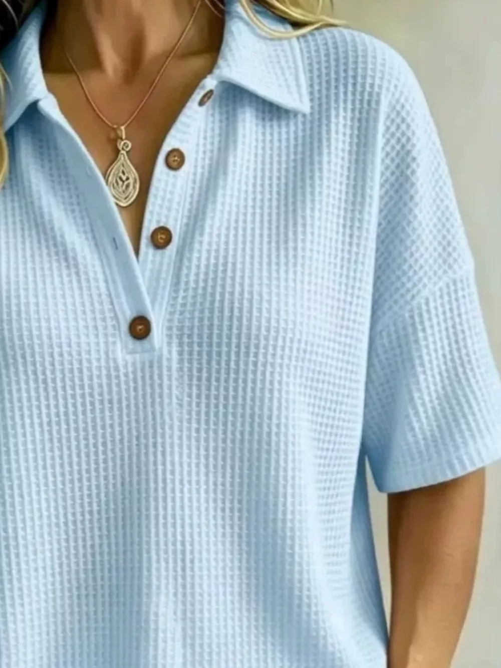 Full Size Waffle Knit Polo Top with Button Detail Plus Size, image 4