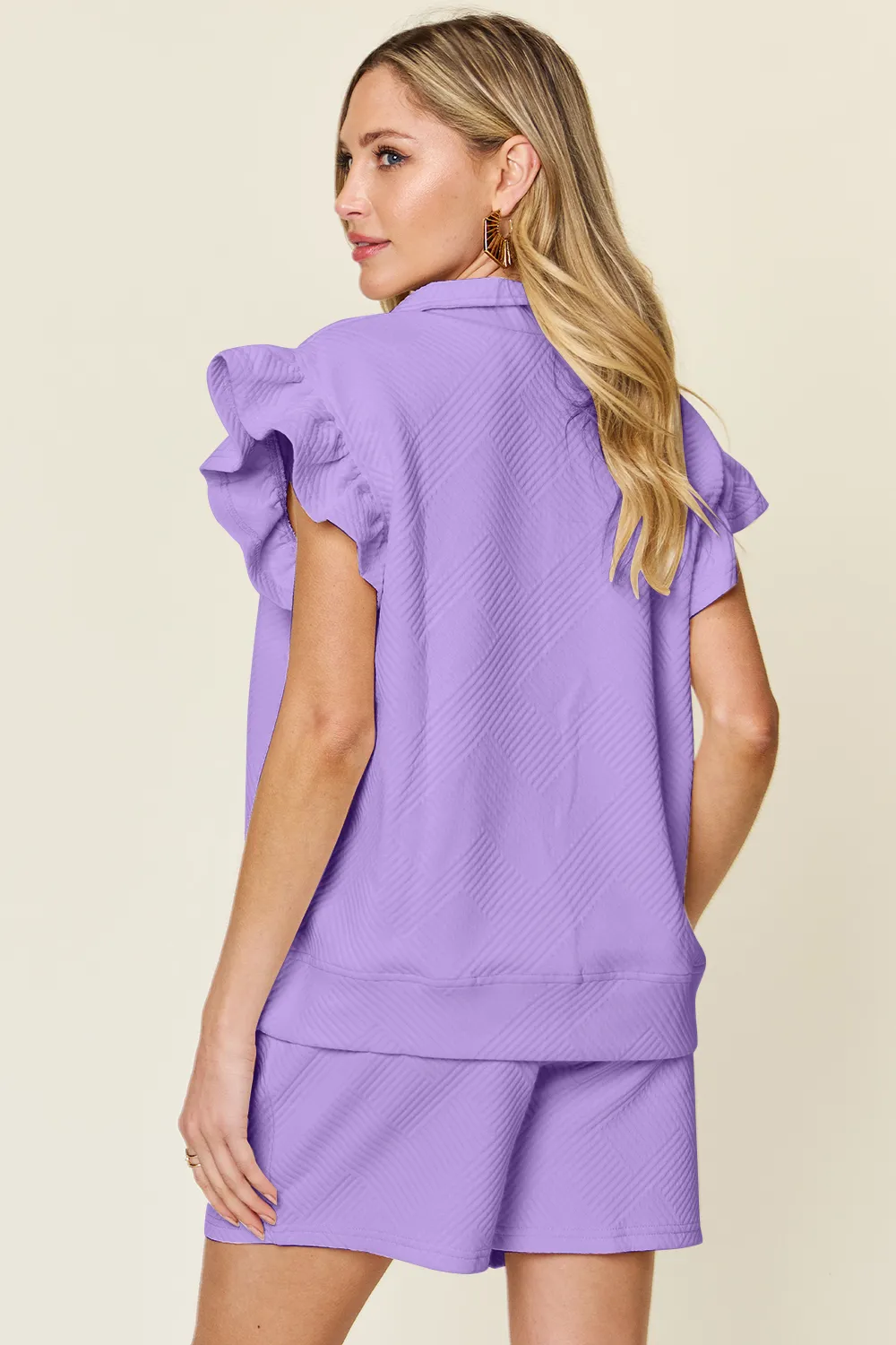 Full Size Texture Flounce Sleeve Top and Drawstring Shorts Set, image 4
