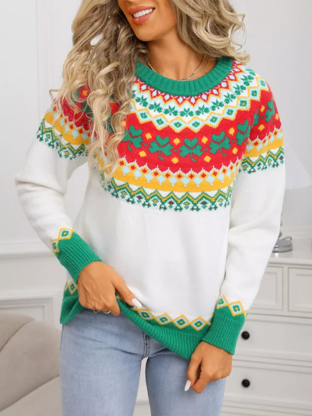 Clover Pattern Round Neck Knitted Sweater, image 2