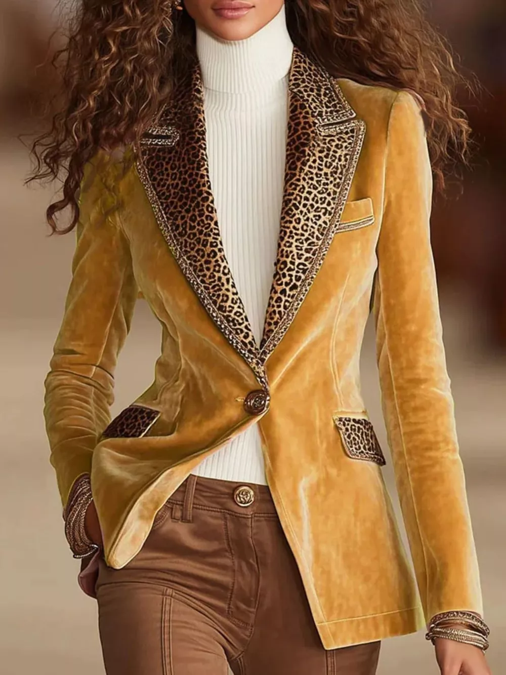 Full Size Leopard Collar One Button Blazer Plus Size, image 4