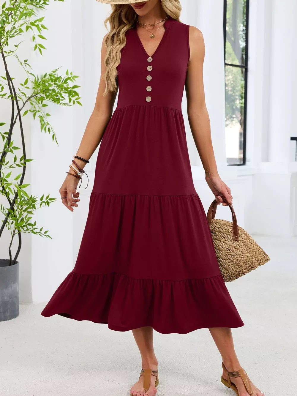 Sleeveless Notched Tiered Midi Dress, image 2