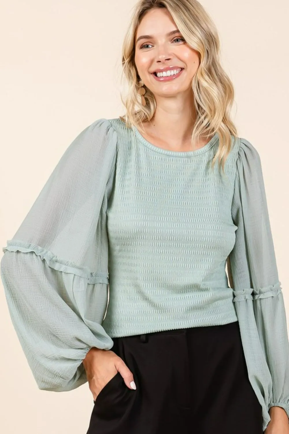 Mixed Media Textured Knit Chiffon Long Sleeve Top, image 3