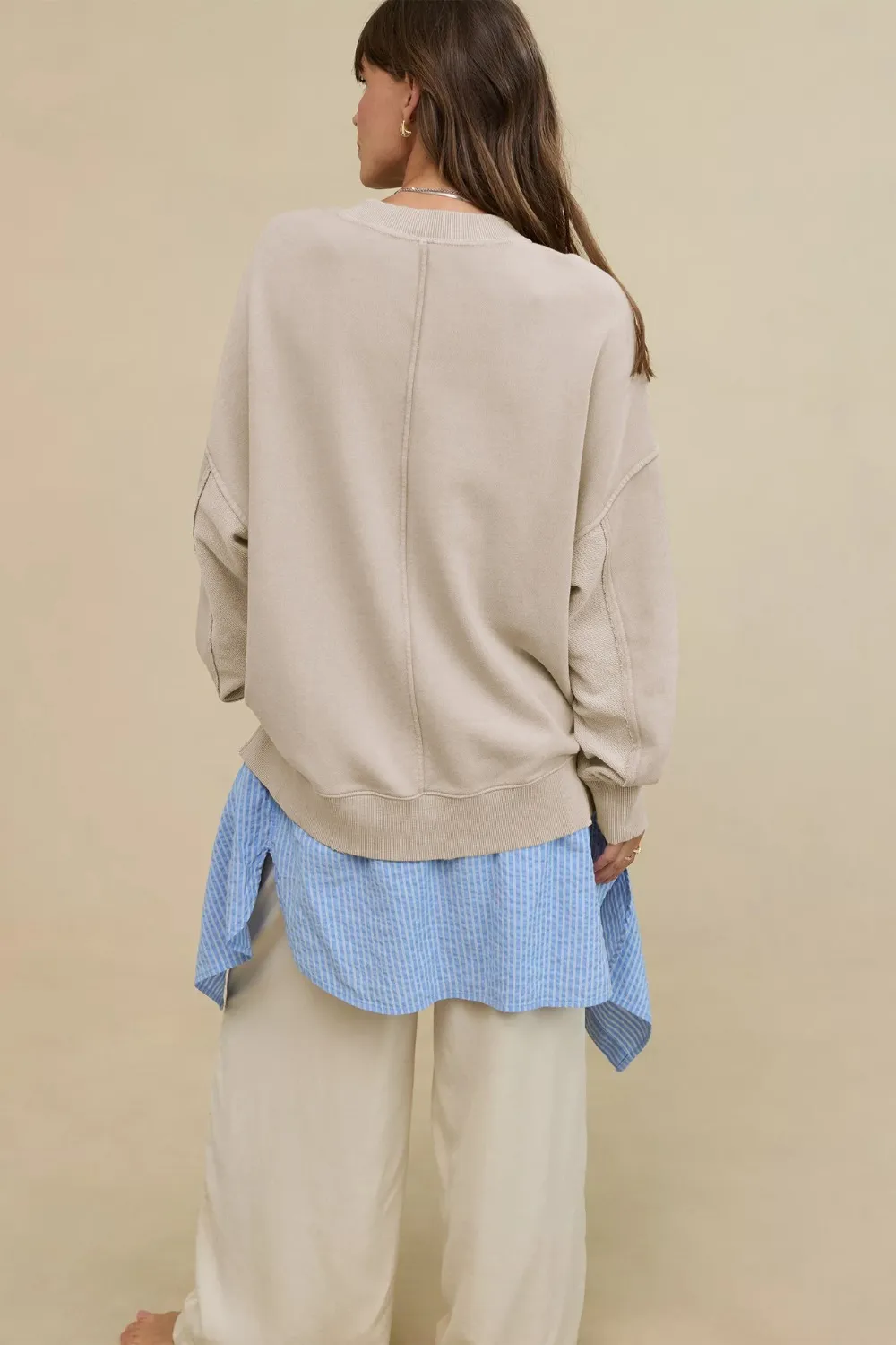 Side Slit Round Neck Long Sleeve Sweatshirt, image 3