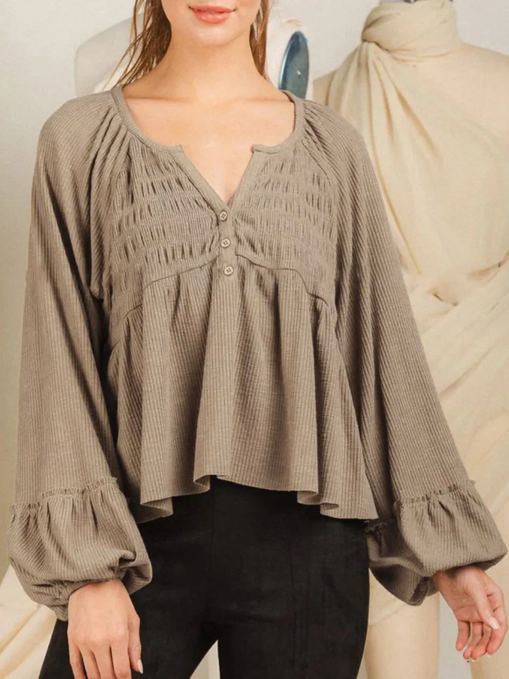 Notched Balloon Sleeve Peplum Blouse, image 13