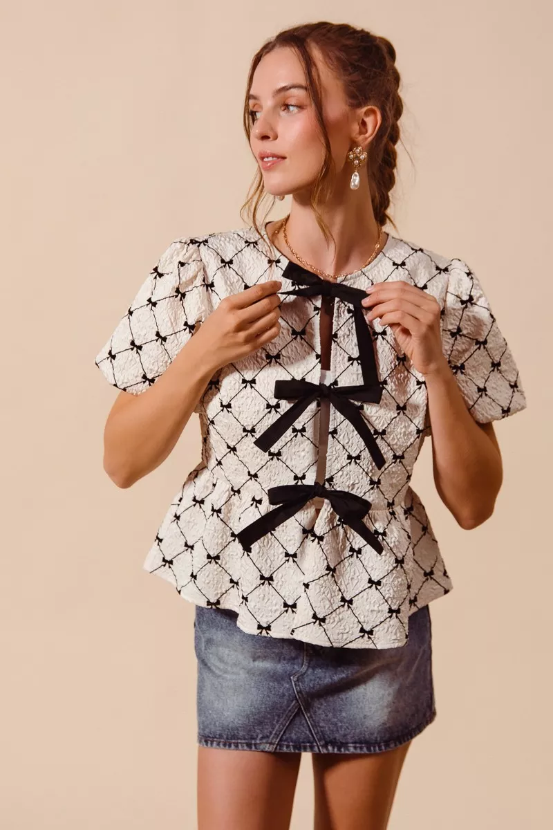 Bow Texture Woven Peplum Top With Contrast Tie, image 4