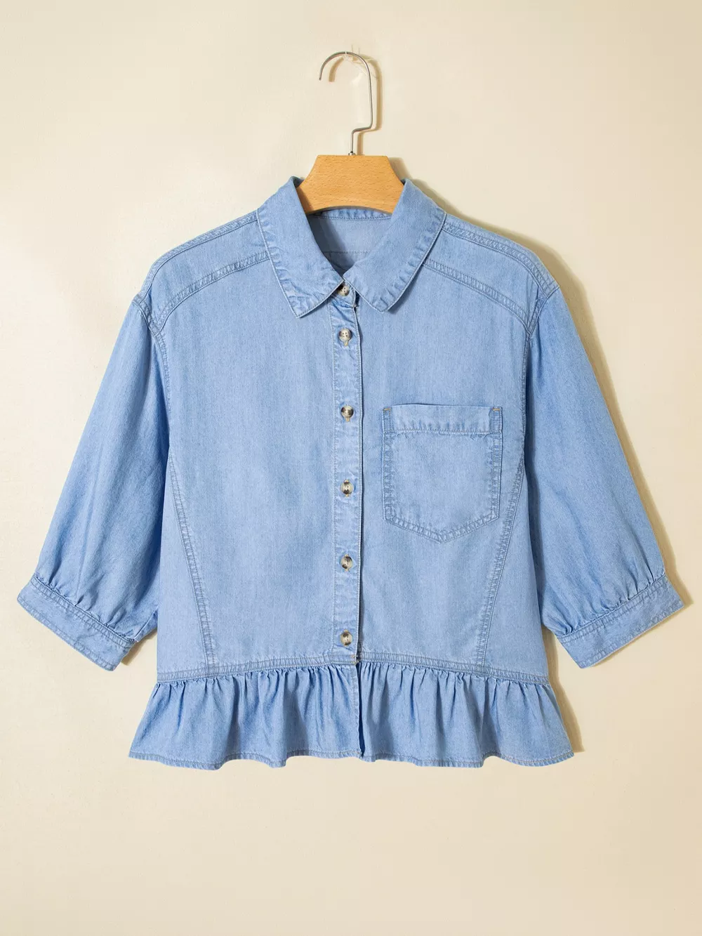 Half Sleeve Button Down Ruffled High Low Chambray Shirt, image 2