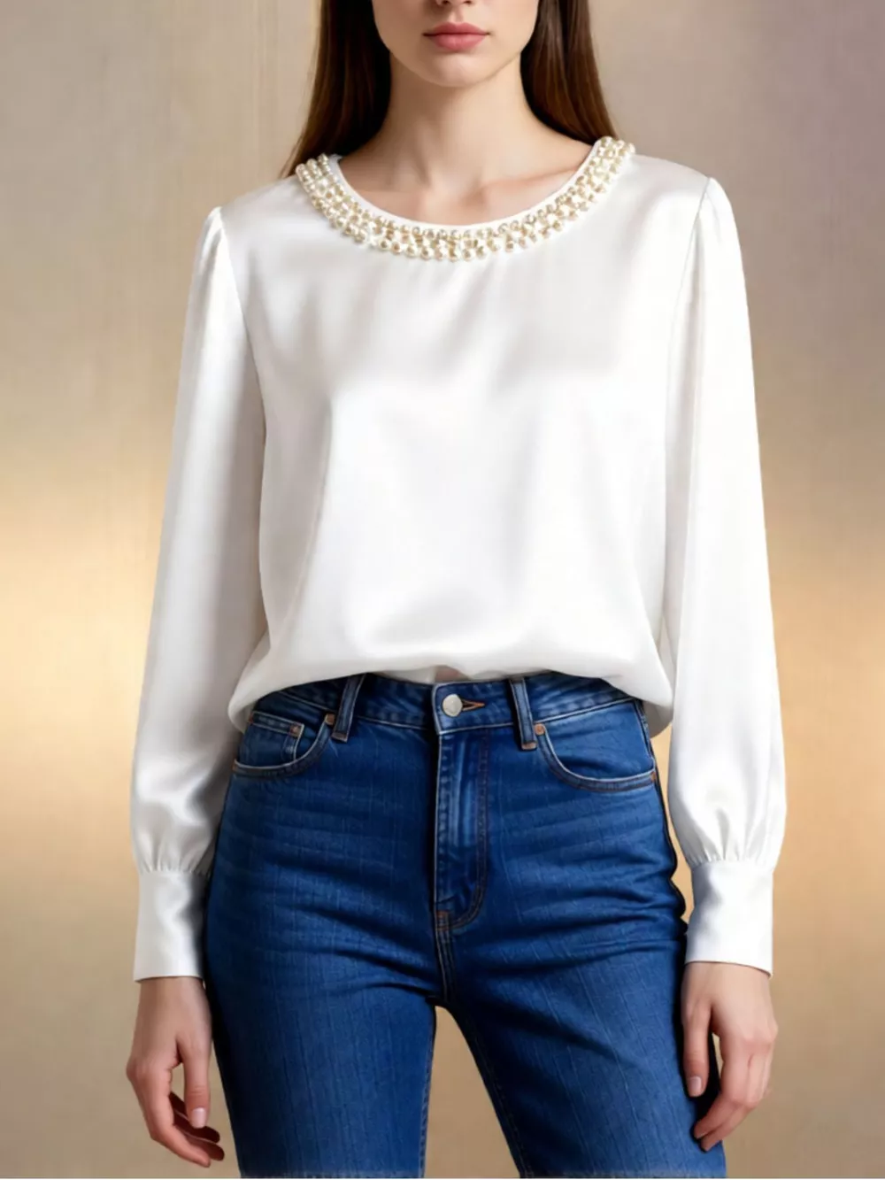 Pearl Trim Round Neck Silk Blouse, image 4