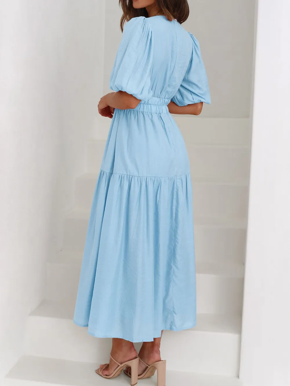 V-Neck Puff Sleeve Midi Dress, image 5