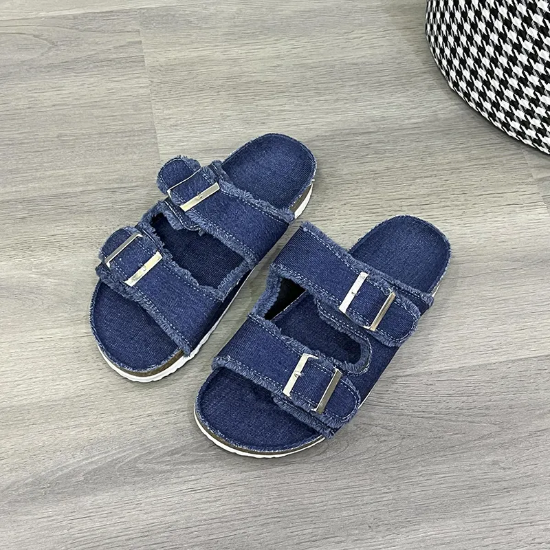 Raw Hem Open Toe Double Buckle Sandals, image 3