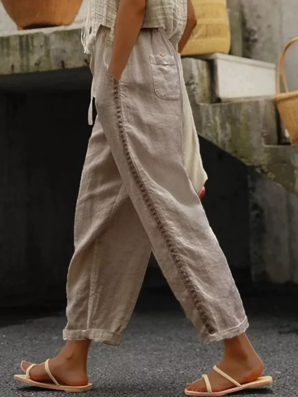 Hollow Out Trim Cropped Pants, image 3