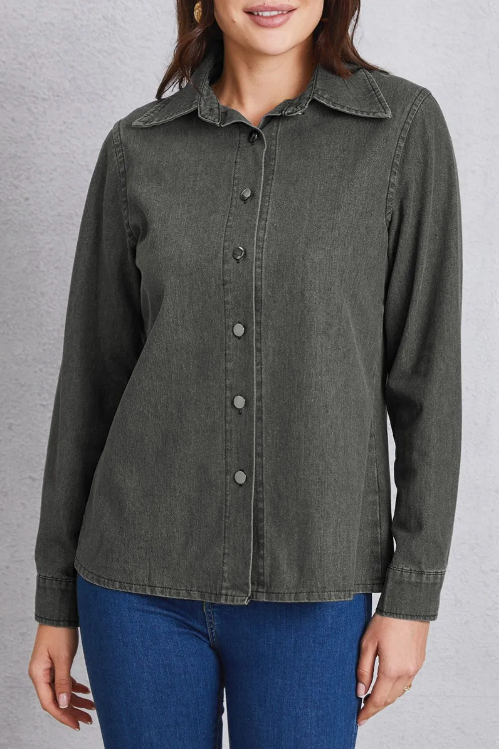 Collared Neck Button Up Denim Top, image 2
