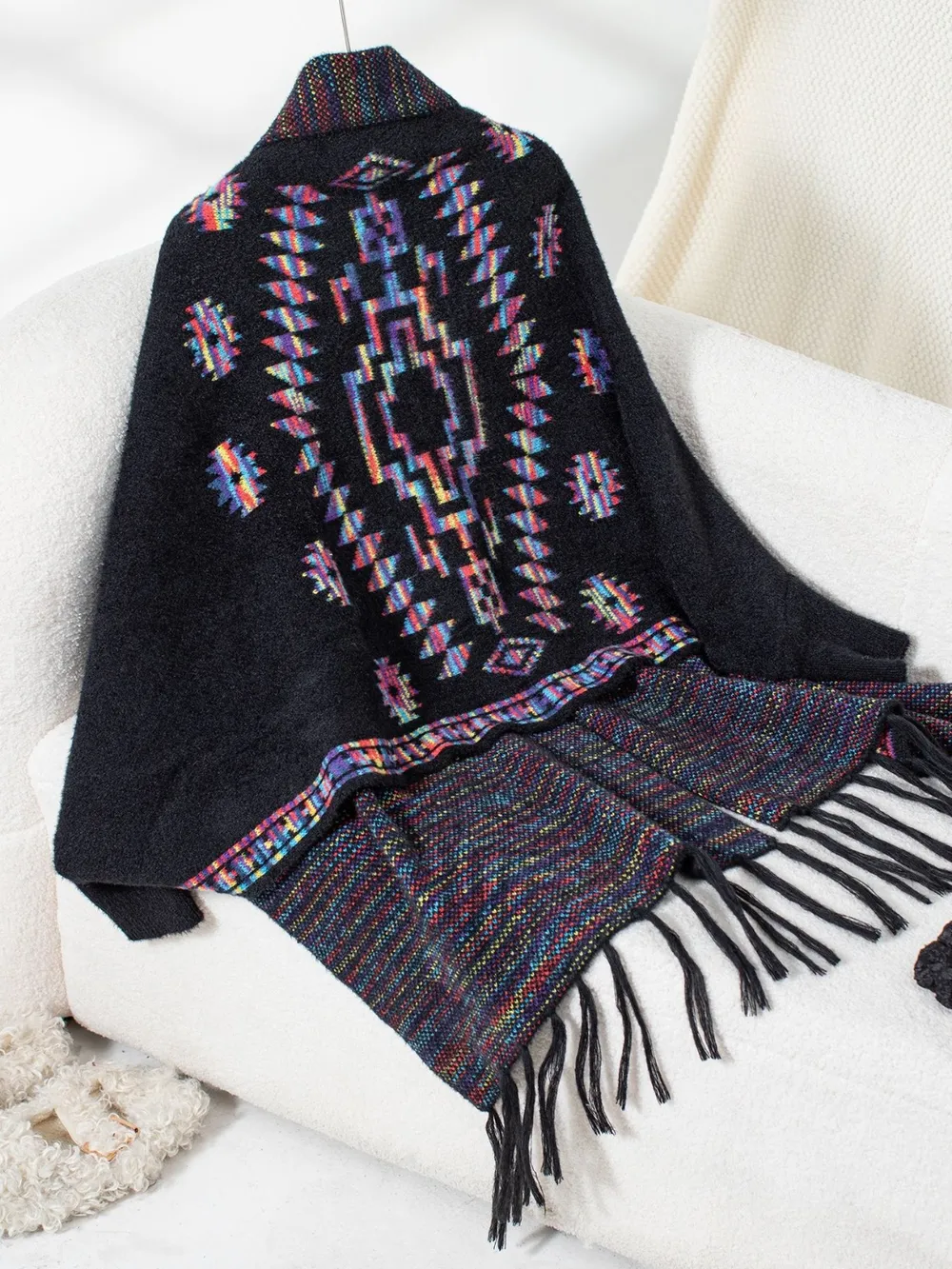 Fringe Geometric Open Front Long Sleeve Cape, image 15