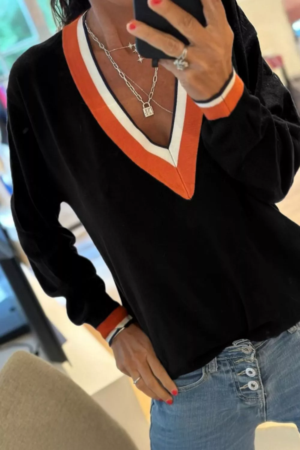 Contrast Striped Trim V Neck Varsity Sweater, image 4