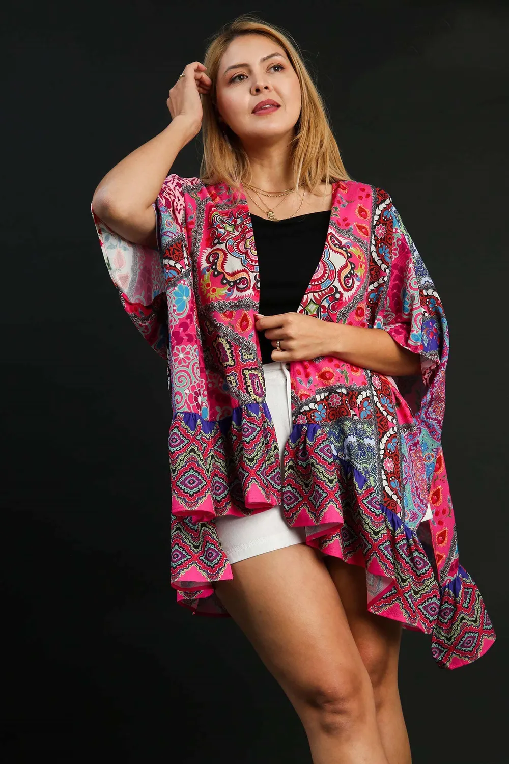 Full Size Mixed Print Ruffle Hem Open Front Cover Up Plus Size, image 3