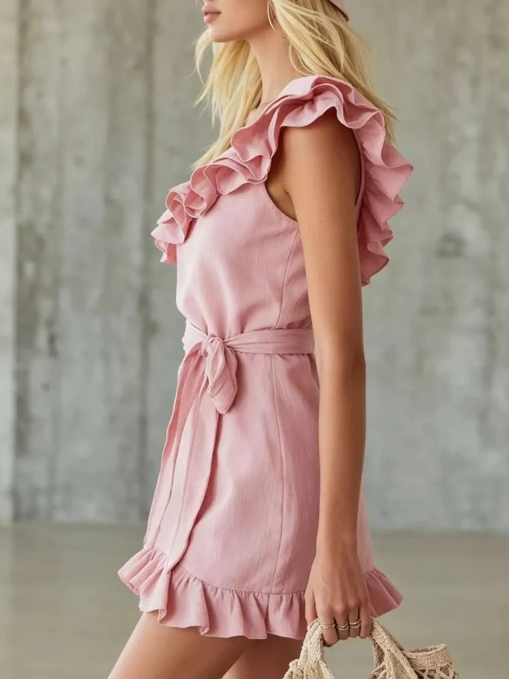 One-Shoulder Ruffle Trim Wrap Dress, image 2
