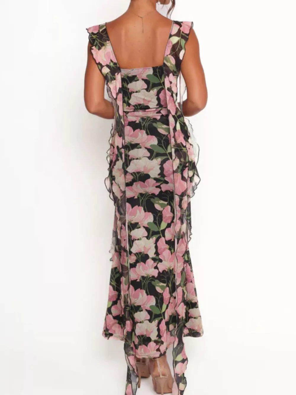 Floral Print Ruffle Trim Bodycon Maxi Dress, image 3