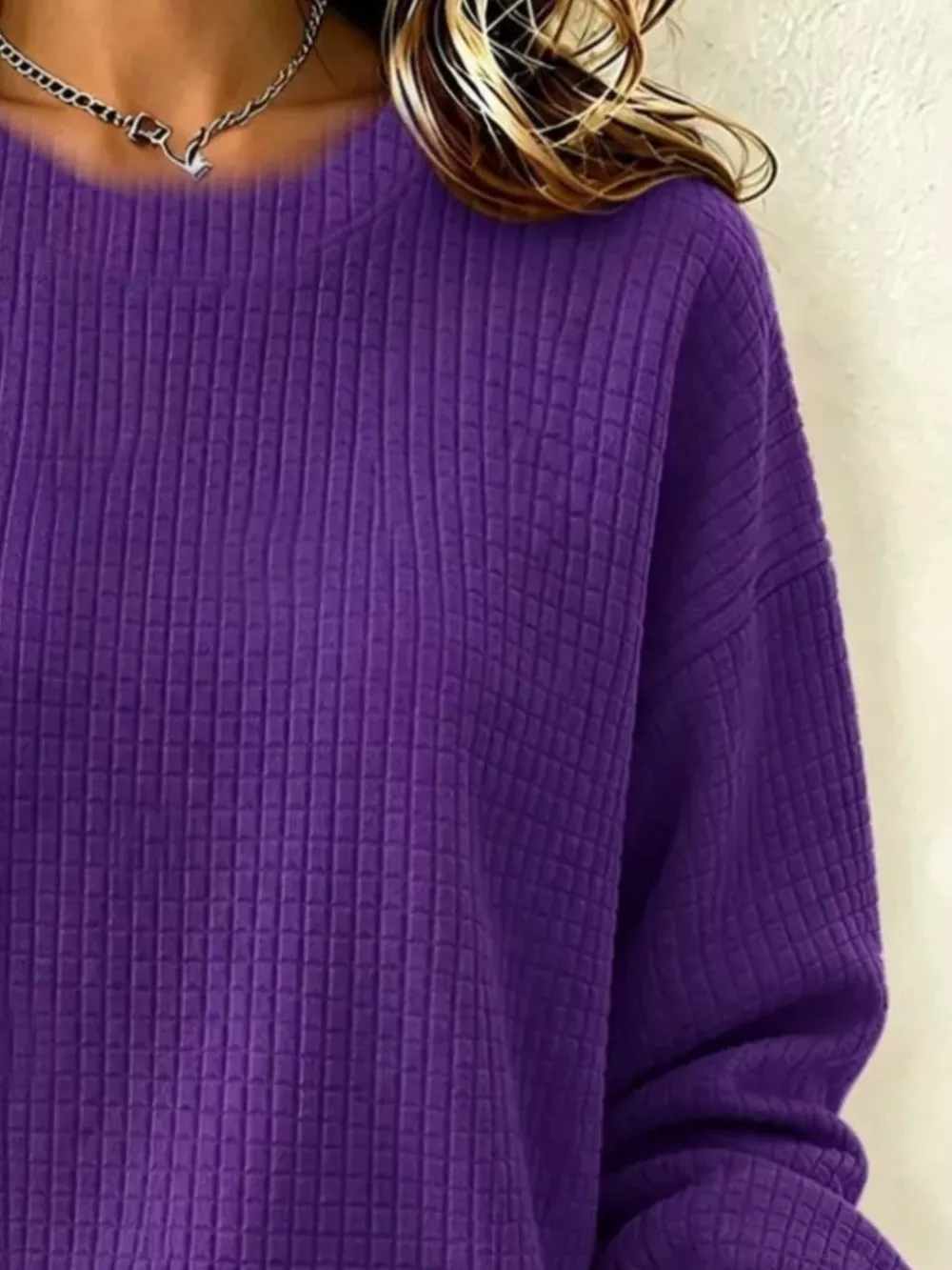 Full Size Textured Crew Neck Long Sleeve Sweatshirt Plus Size, image 4