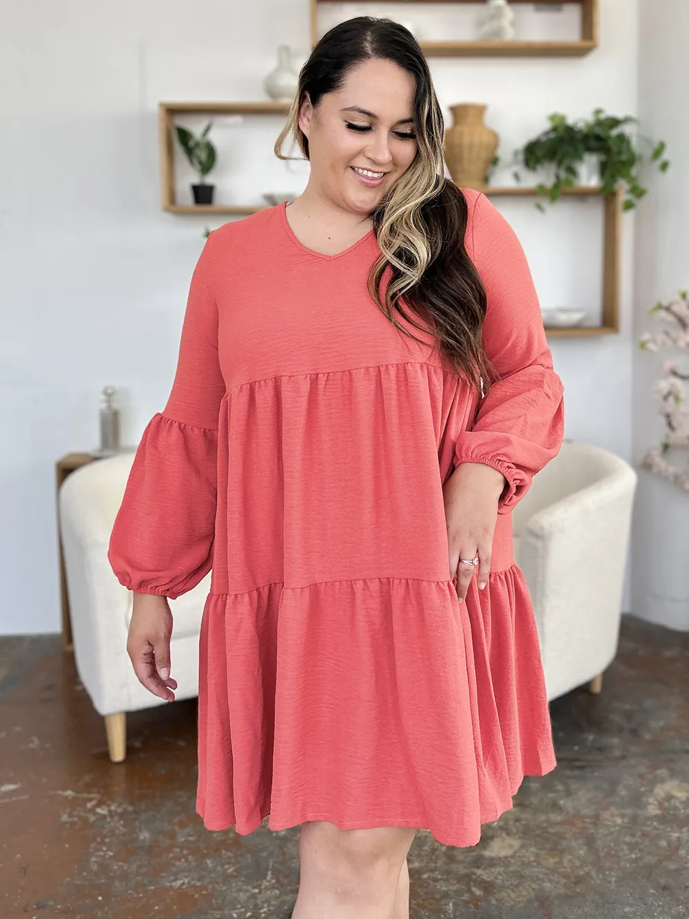 Full Size V-Neck Balloon Sleeve Tiered Dress with Pockets, image 2