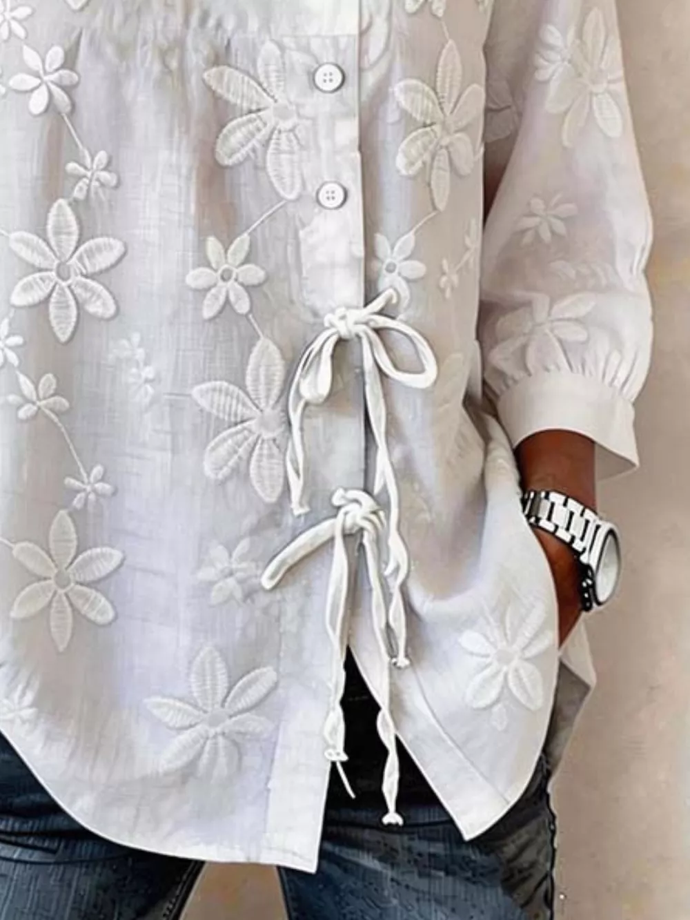 Full Size Floral Embroidered Button-Down Shirt Plus Size, image 2