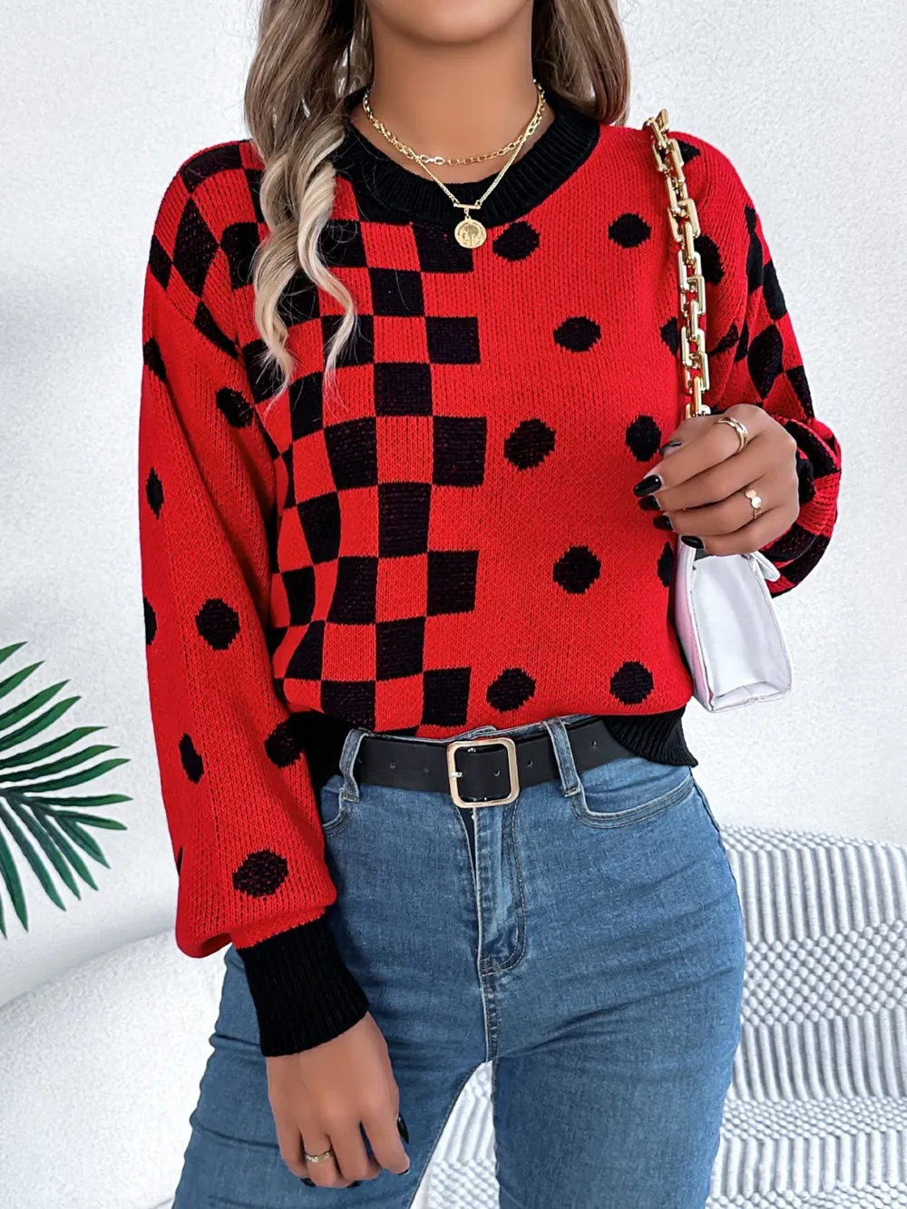 Plaid Round Neck Long Sleeve Sweater, image 11