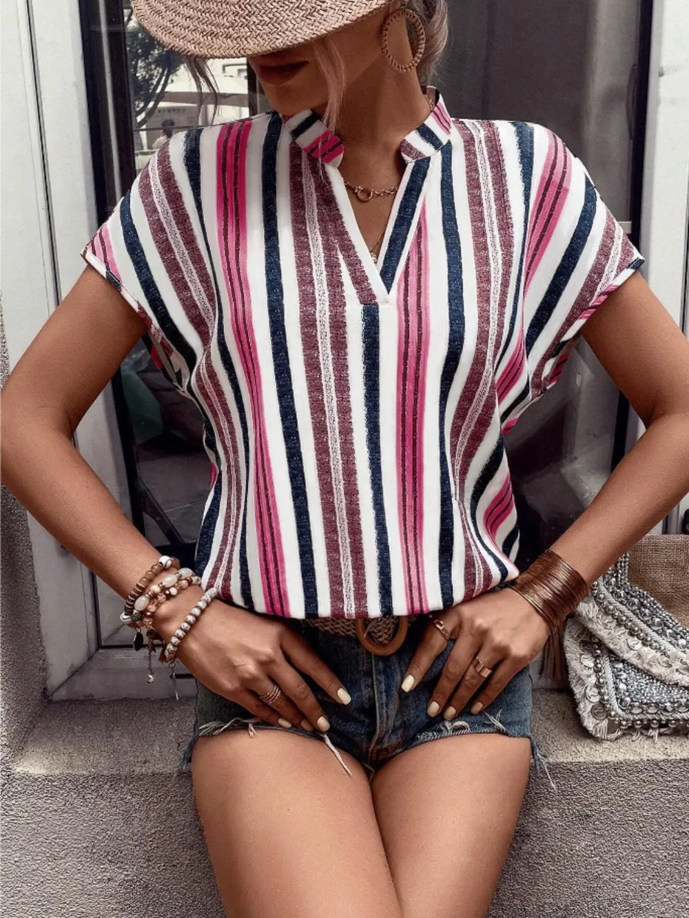 Striped Notched Short Sleeve Shirt, image 2