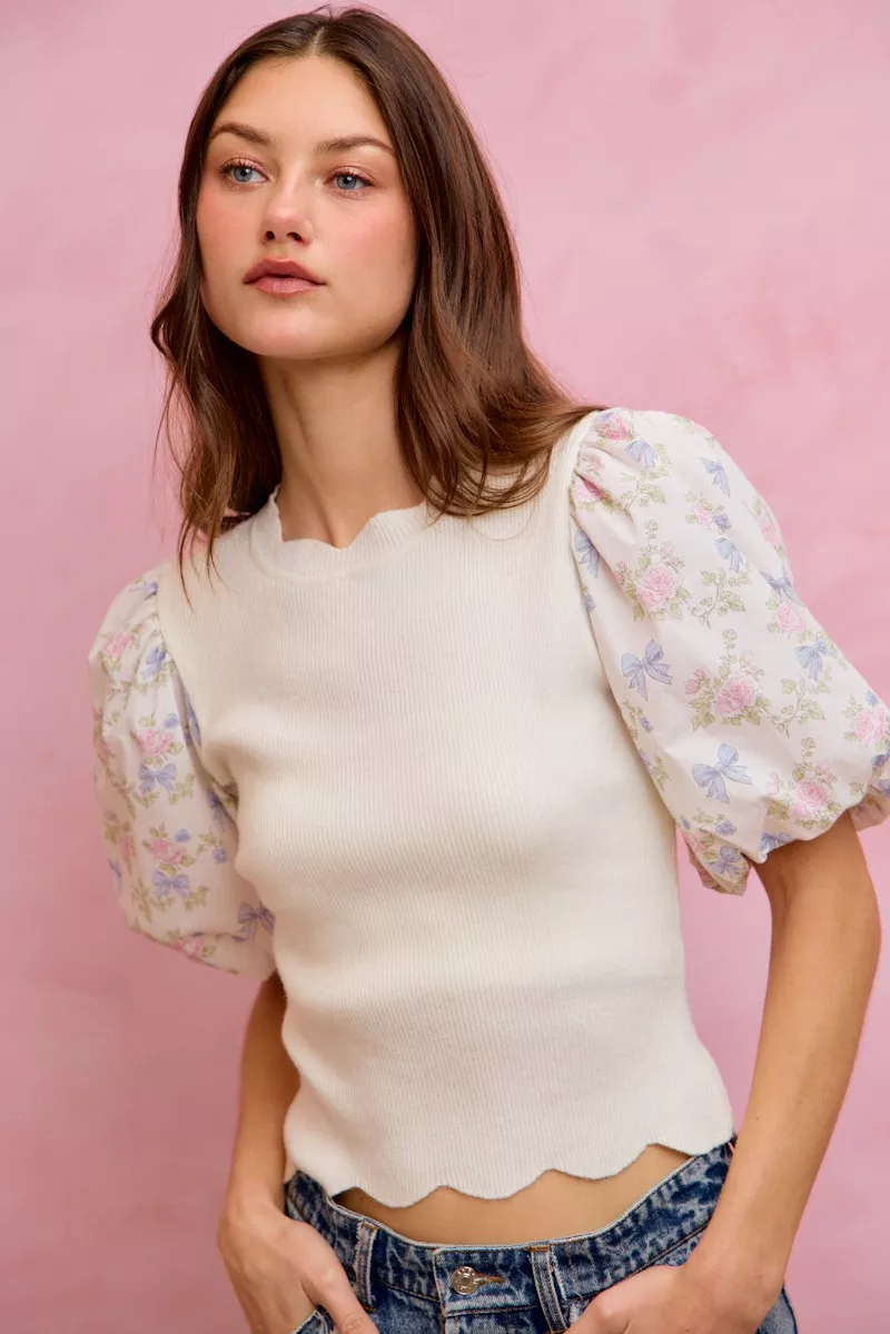 Floral Cotton Contrast Sleeves Scallop Sweater Top, image 20