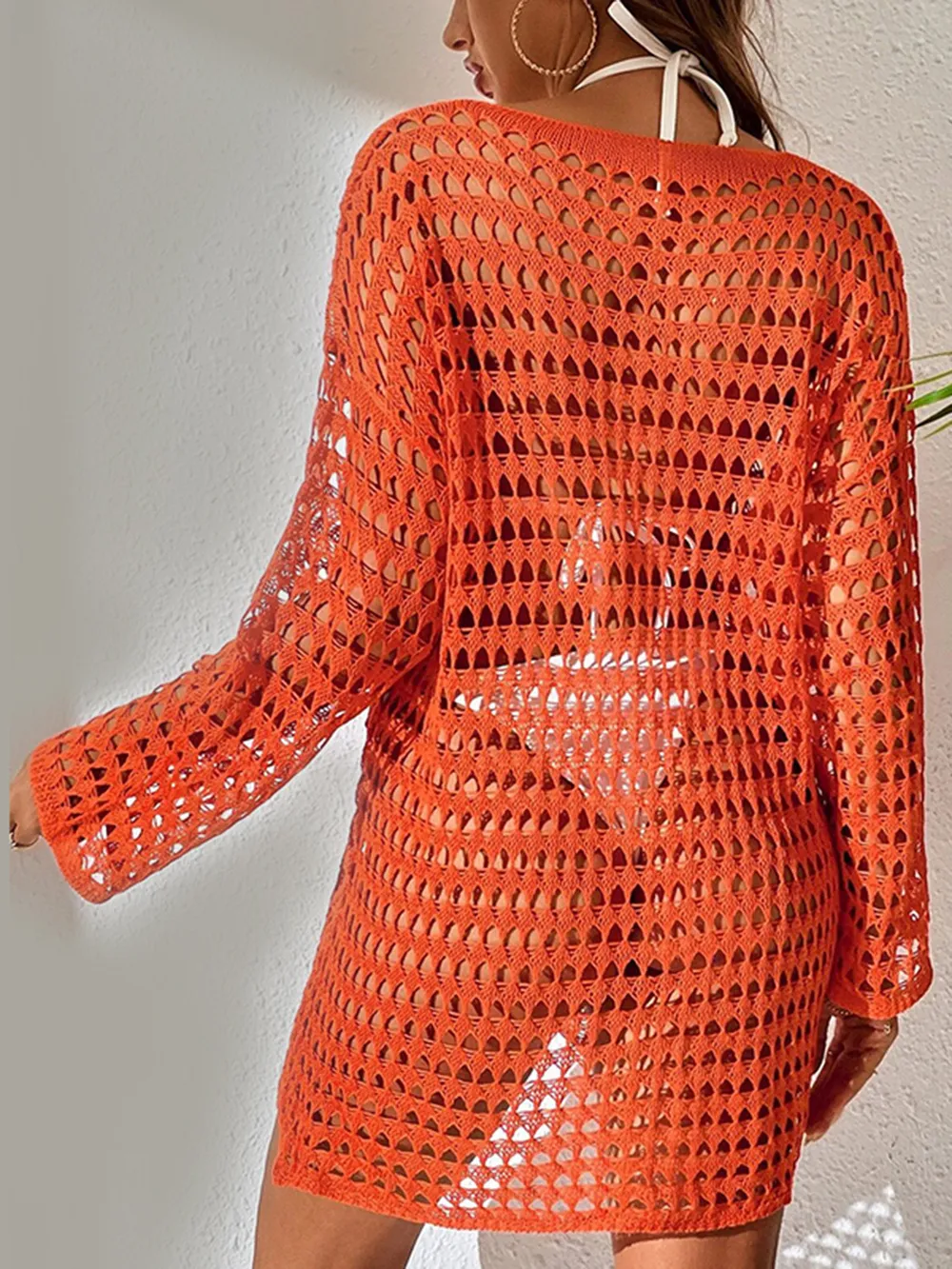 Openwork Boat Neck Long Sleeve Cover-Up, image 7