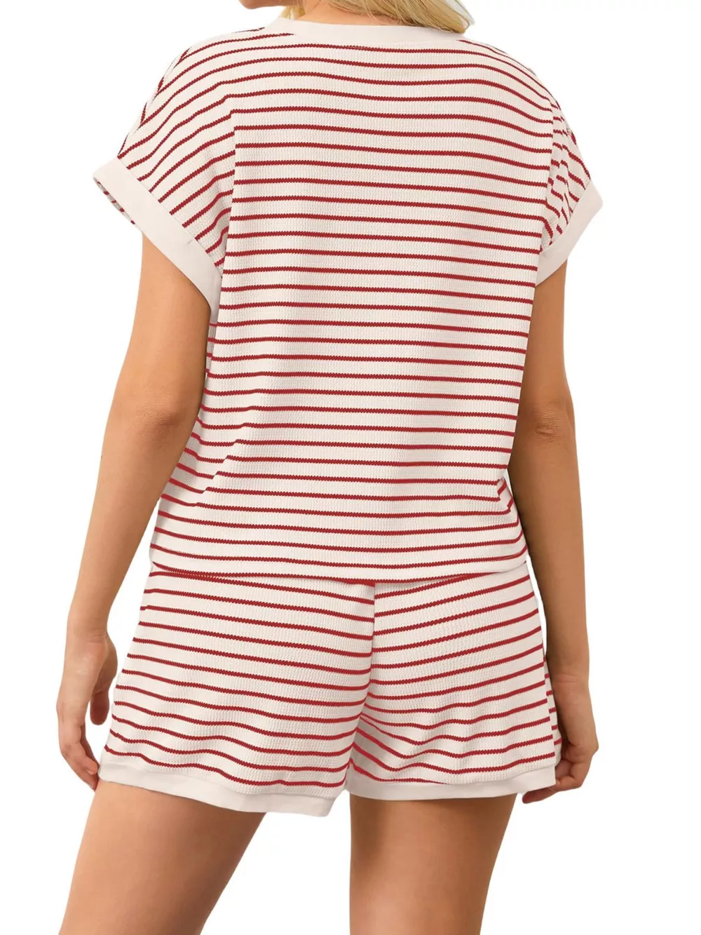 Full Size Striped Round Neck Top and Shorts Set Plus Size, image 3