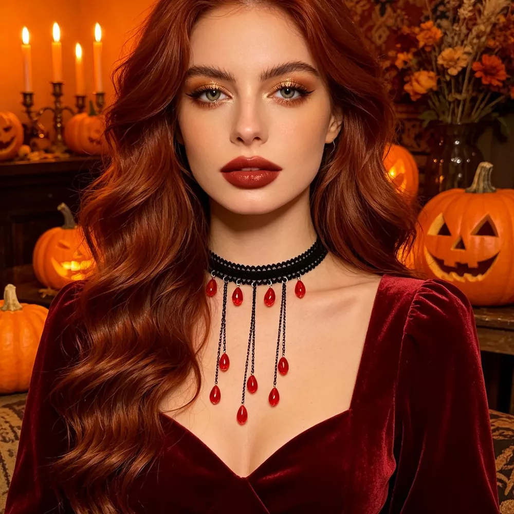 Gothic Lace Choker Necklace with Teardrop Dangle Charms, image 8
