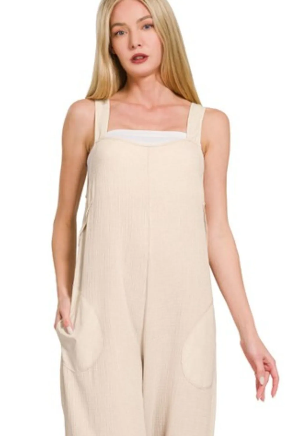 Double Gauze Washed Wide Leg Overalls, image 2