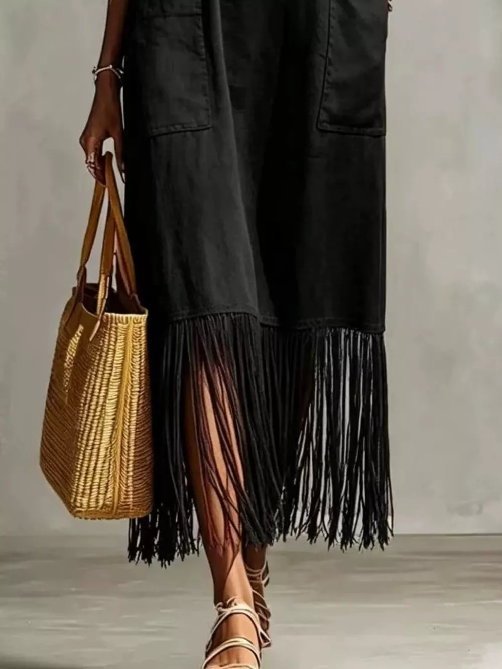Full Size Fringe V-Neck Spaghetti Strap Dress Plus Size, image 6