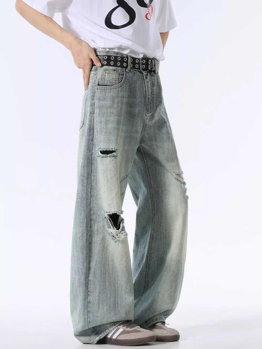 Men's Wash Distressed Wide Leg Jeans, image 2
