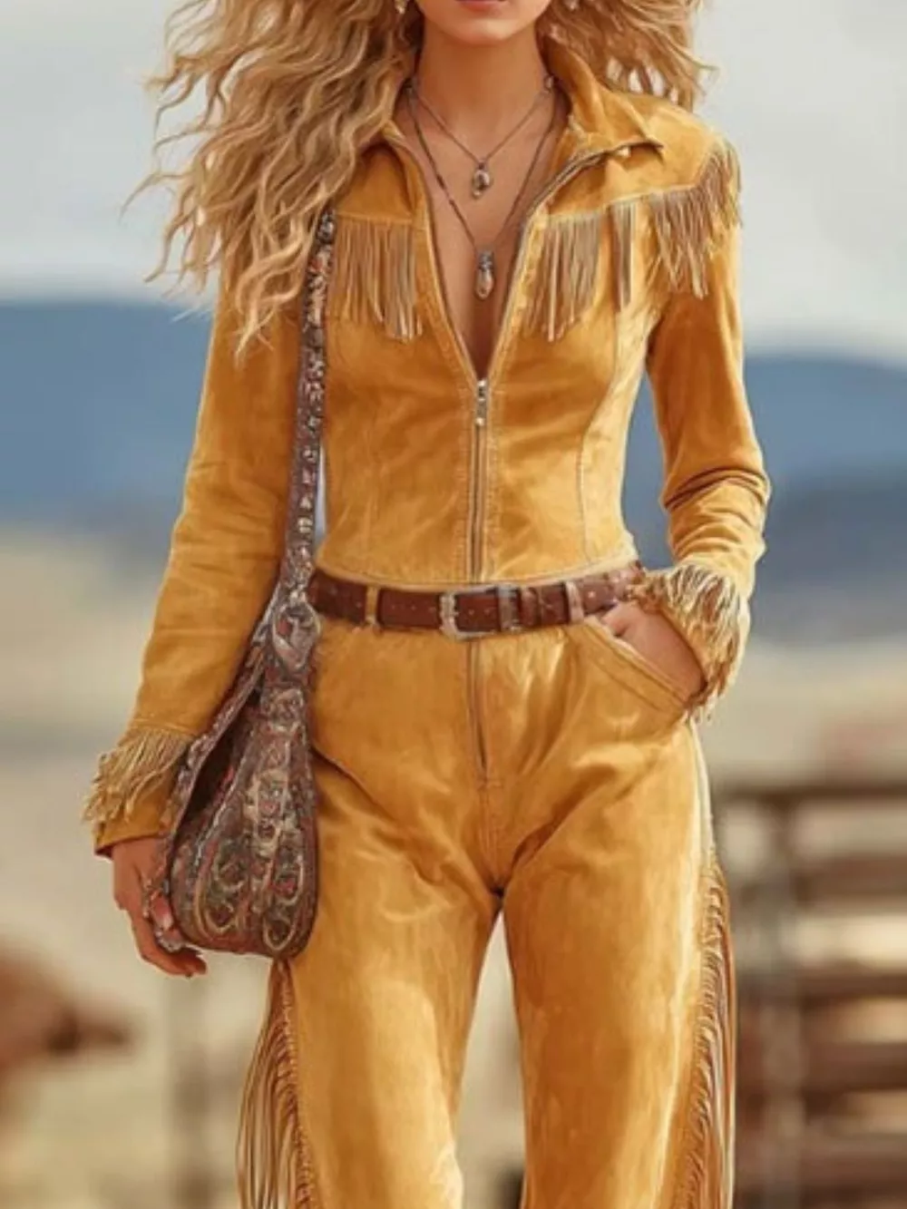 Western-Inspired Suede Fringe Jumpsuit with Zipper Front, image 8