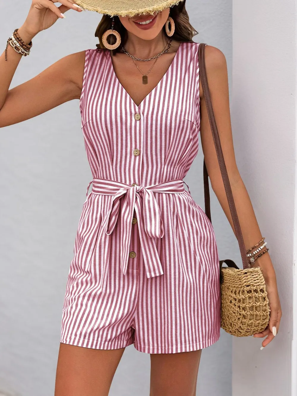 Striped V-Neck Tie Waist Romper, image 4