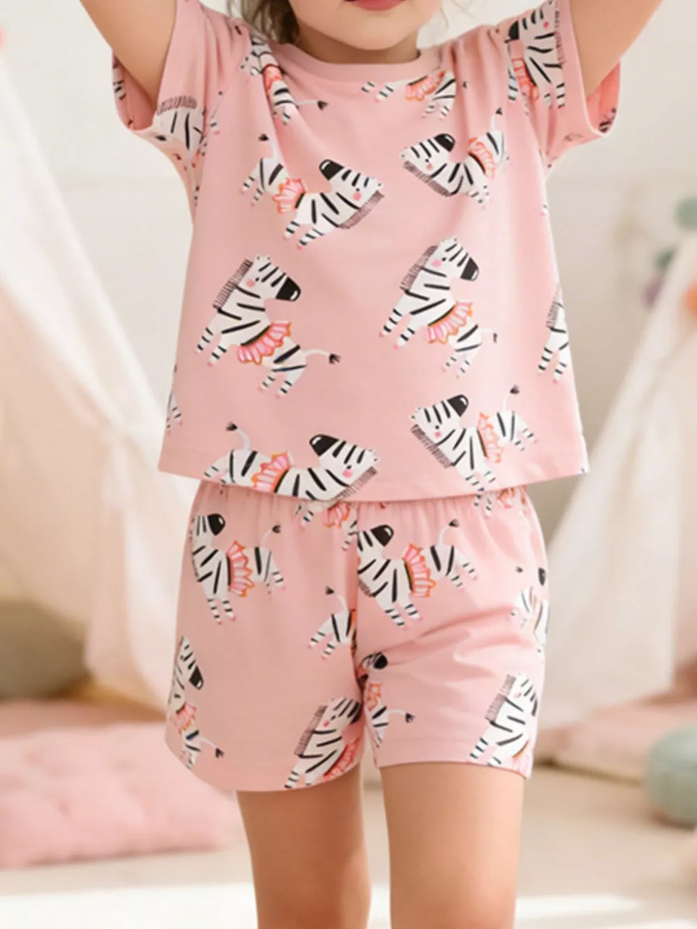Children's Zebra Print Round Neck Top and Shorts Set
