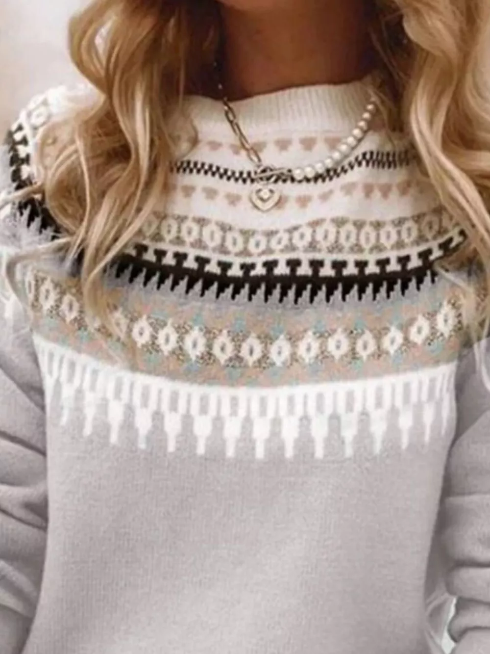 Full Size Vintage Patterned Round Neck Sweater Plus Size, image 33