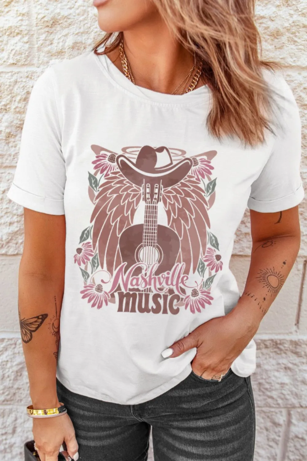 Nashville Music Guitar Wings Graphic Round Neck T-Shirt, image 3