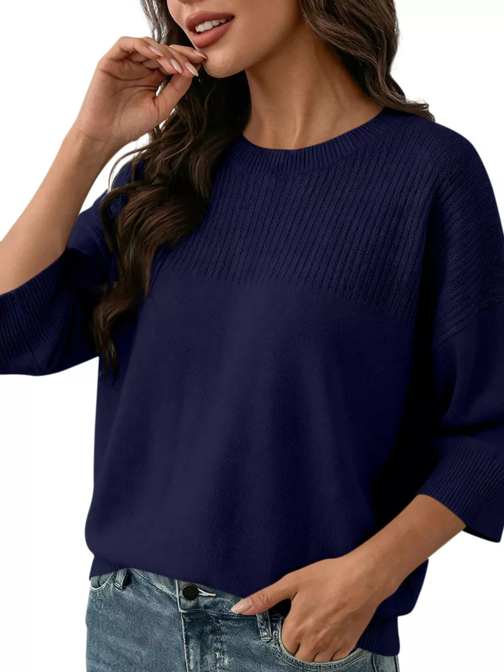 Elegant Crew Neck Eyelet Ribbed Sweater, image 7