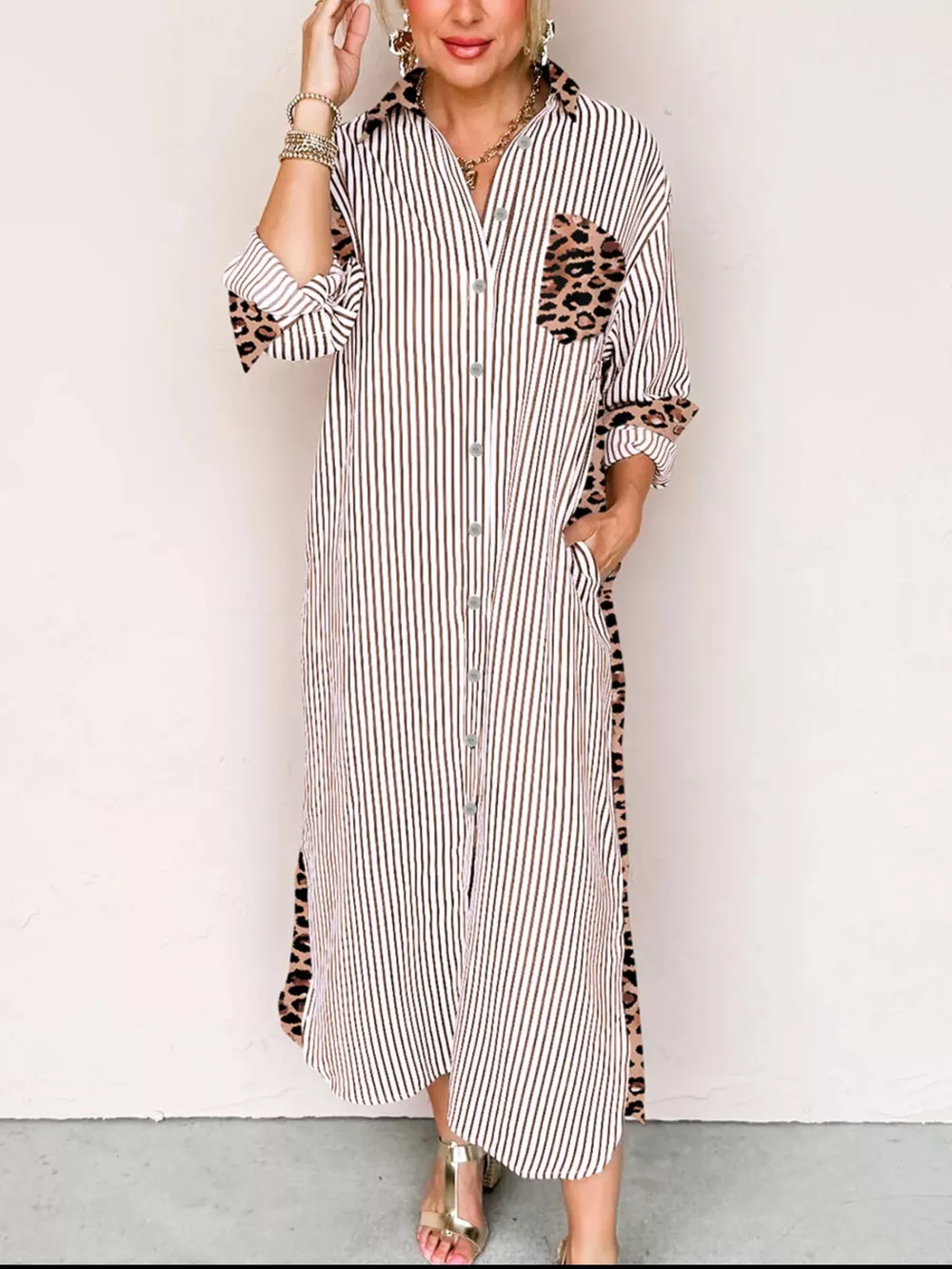 Striped Leopard Print Button Up Shirt Dress, image 2