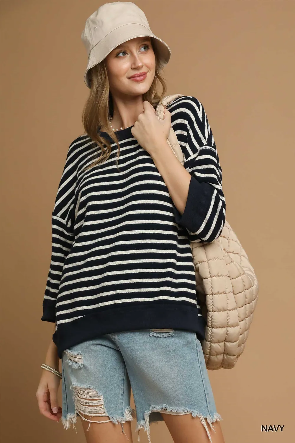 Ribbed Hem Striped Oversized Knit Top, image 3