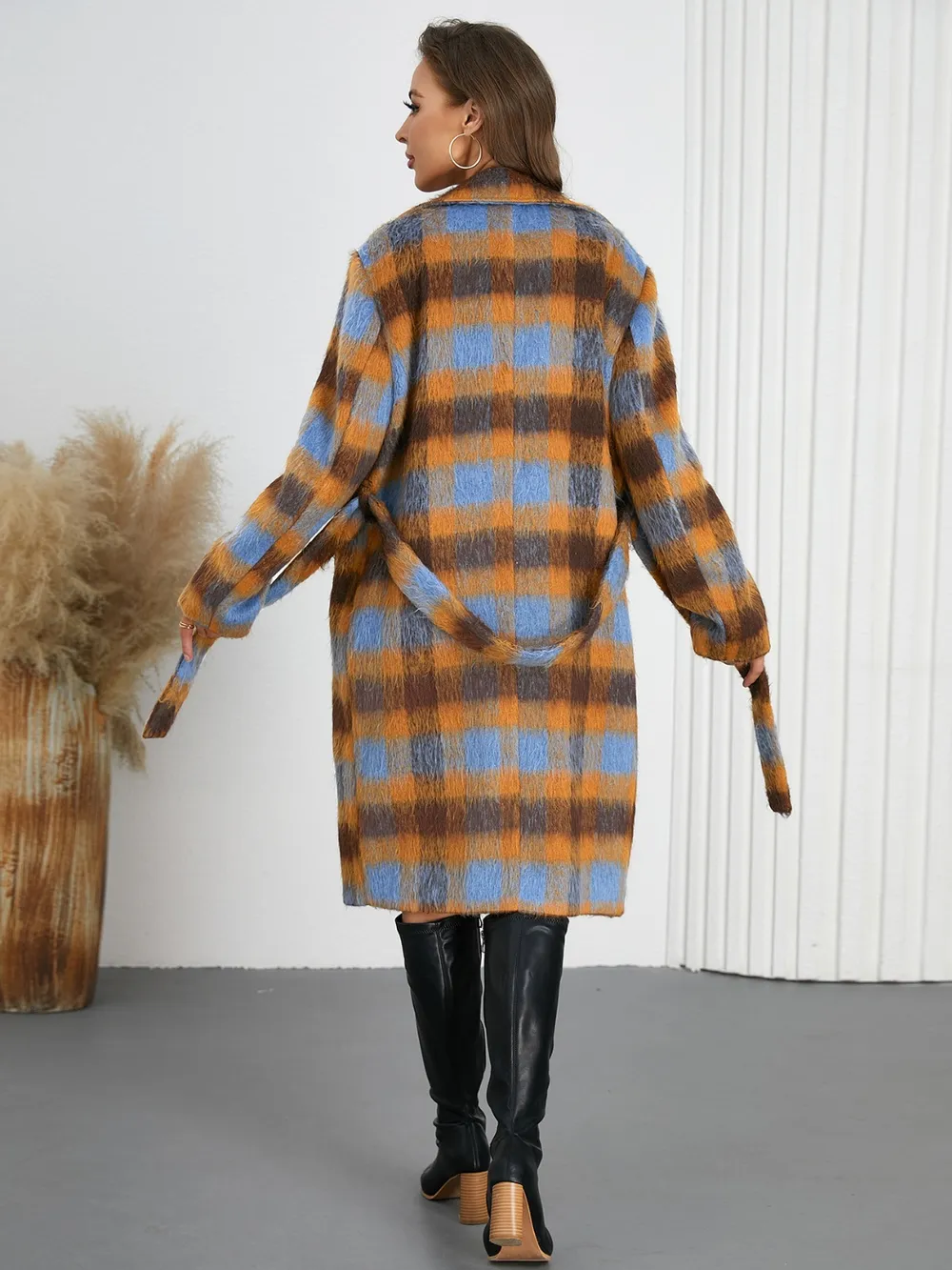 Tied Plaid Collared Neck Coat, image 4
