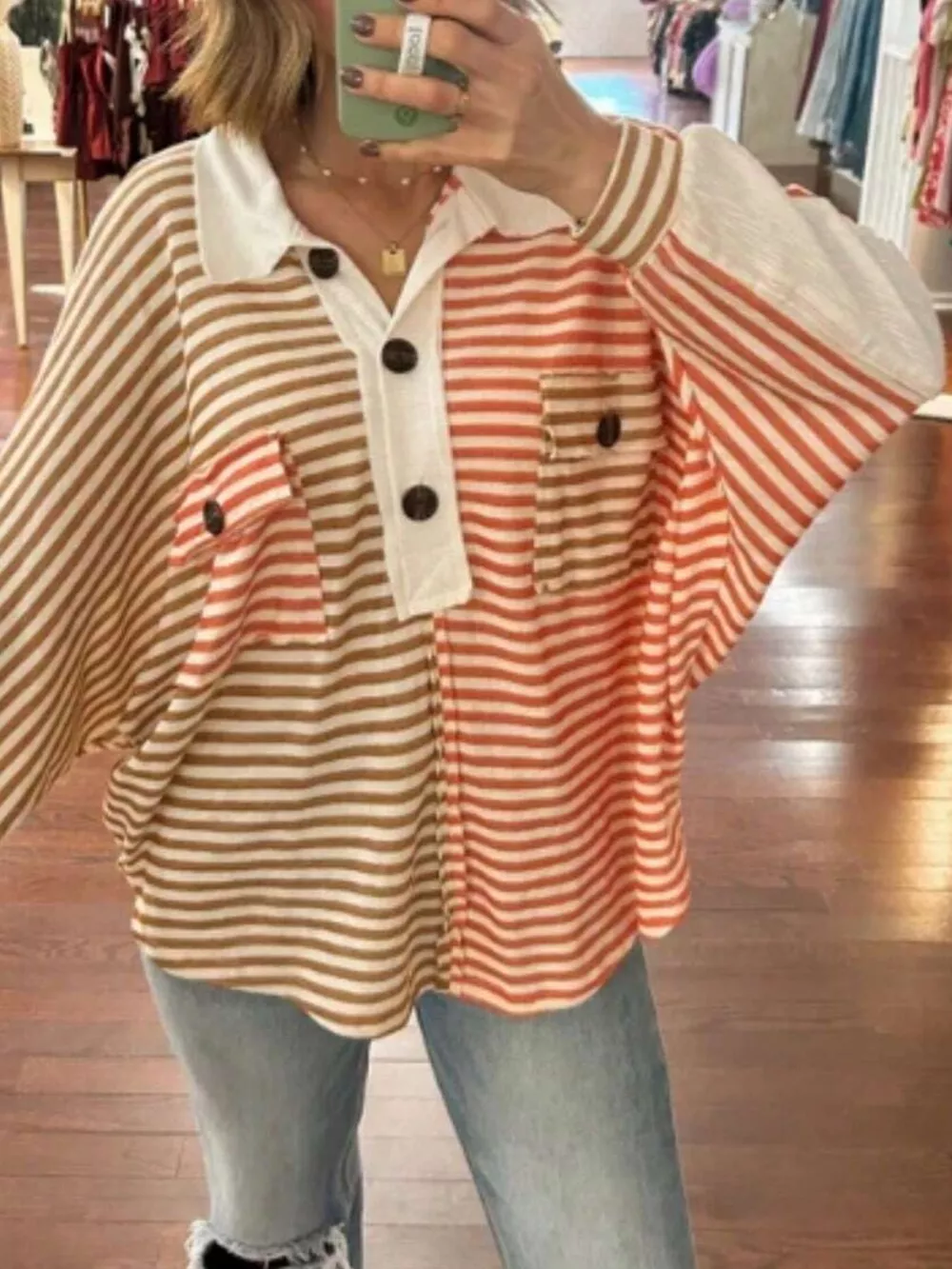 Striped Oversized Half Button Sweatshirt, image 8