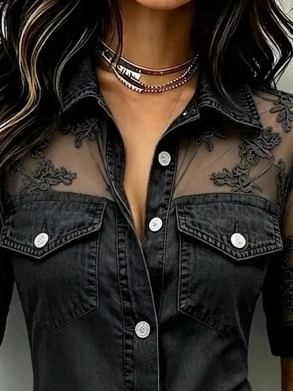 Full Size Denim Look Lace Short Sleeve Shirt Plus Size, image 6