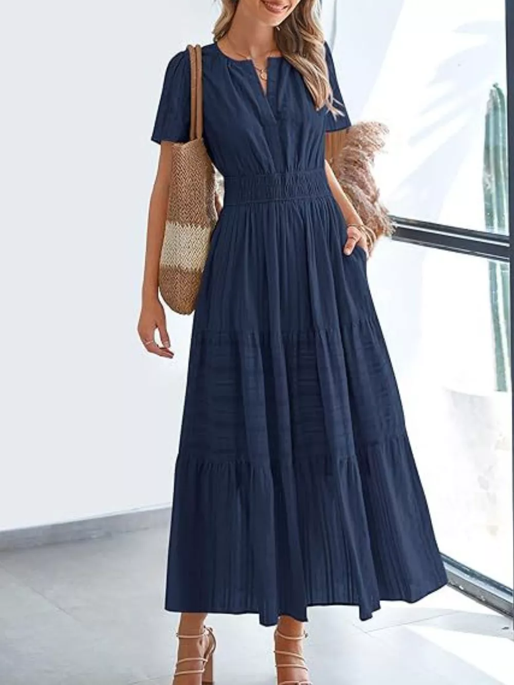 Full Size Short Sleeve Tiered Midi Dress Plus Size, image 3