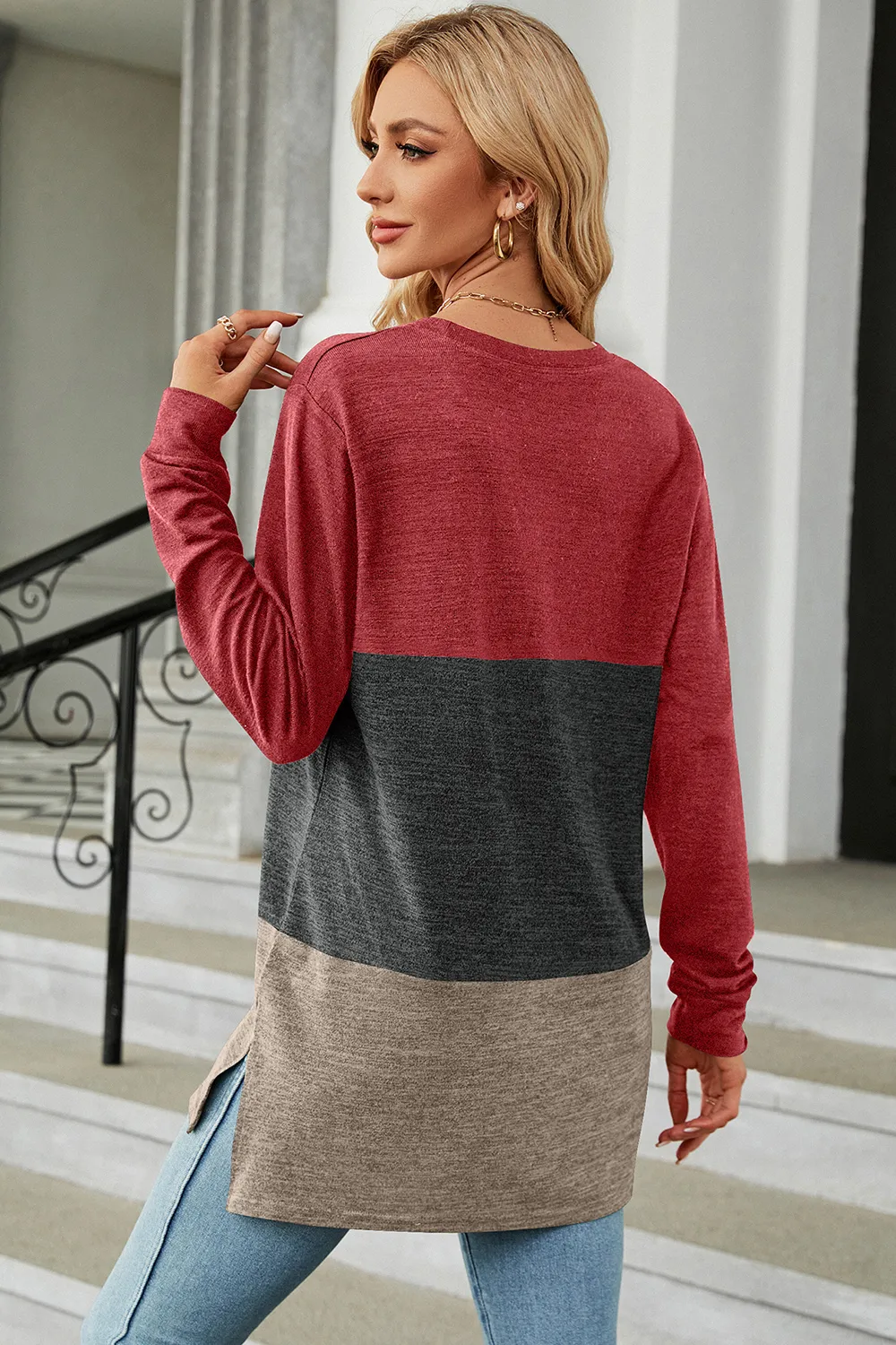Color Block Round Neck Long Sleeve T-Shirt, image 3