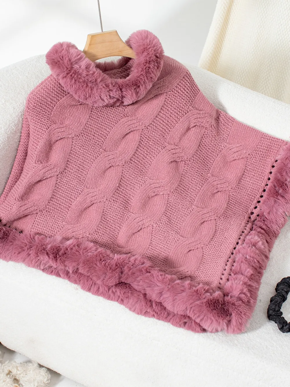 Fuzzy Hem Cable-Knit Poncho, image 10
