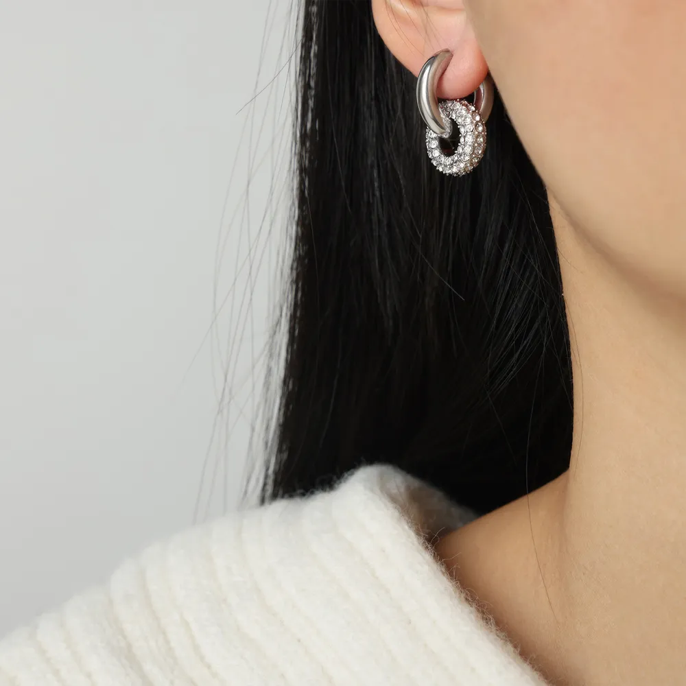 Titanium Steel Inlaid Zircon Double-Hoop Earrings, image 6