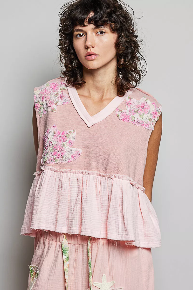 Floral Patch Ruffled Sleeveless Top with Raw Edge Detail, image 2